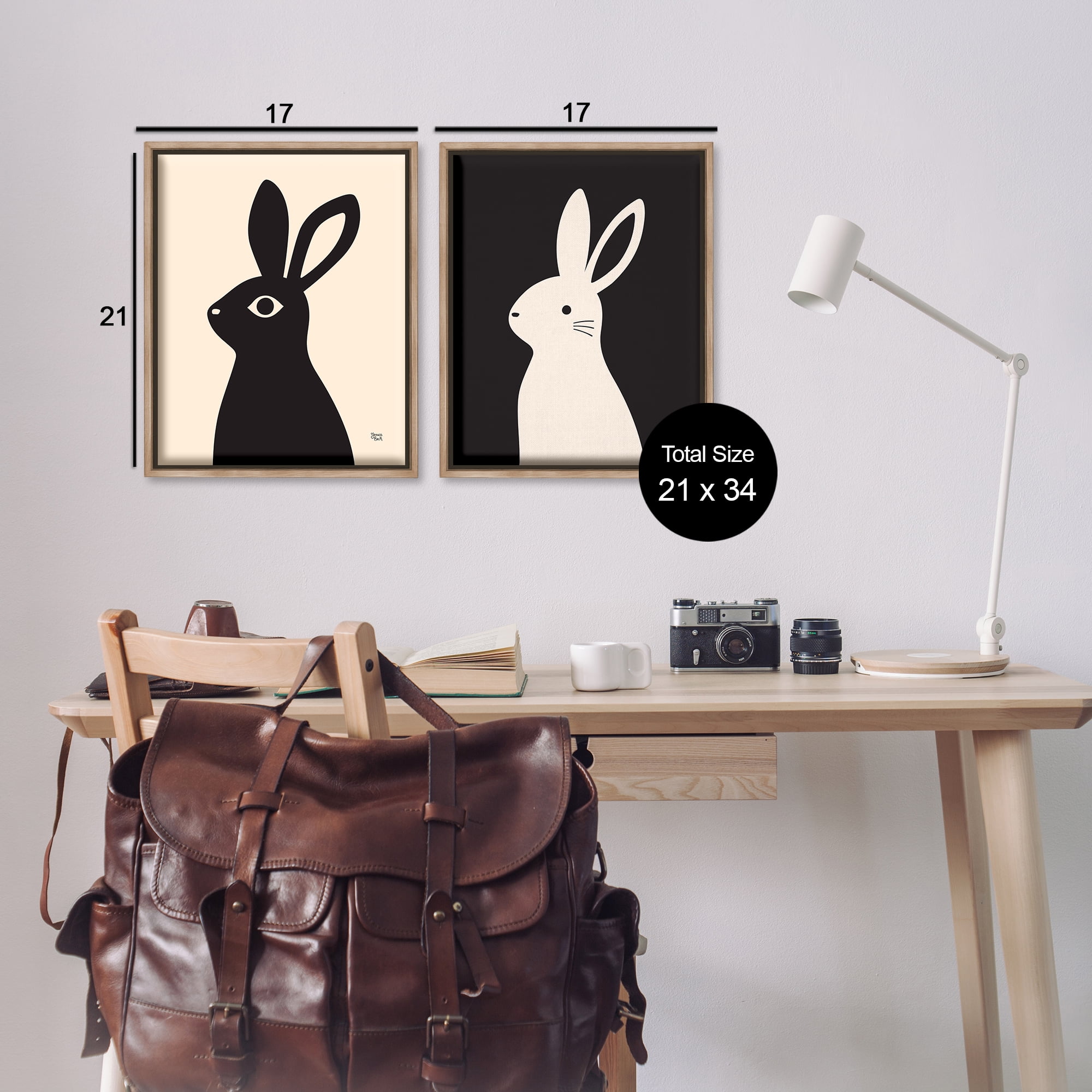 Stupell Industries Cream & Black Rabbits Animals Painting Brown Floater Framed Canvas Art Print Wall Art, 17 x 21, Set of 2