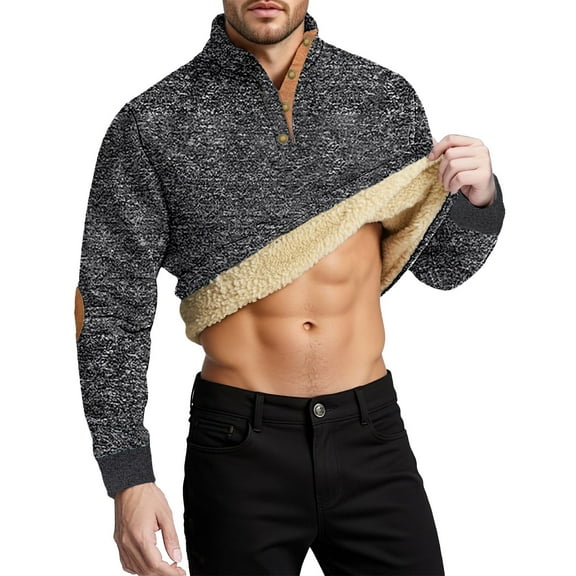 Mens Casual Sherpa Lined Thermal Sweatshirt Long Sleeve Stand Collar 1/4 Button Up Pullover Fall Sweaters,Color:Dark Gray,Size:L