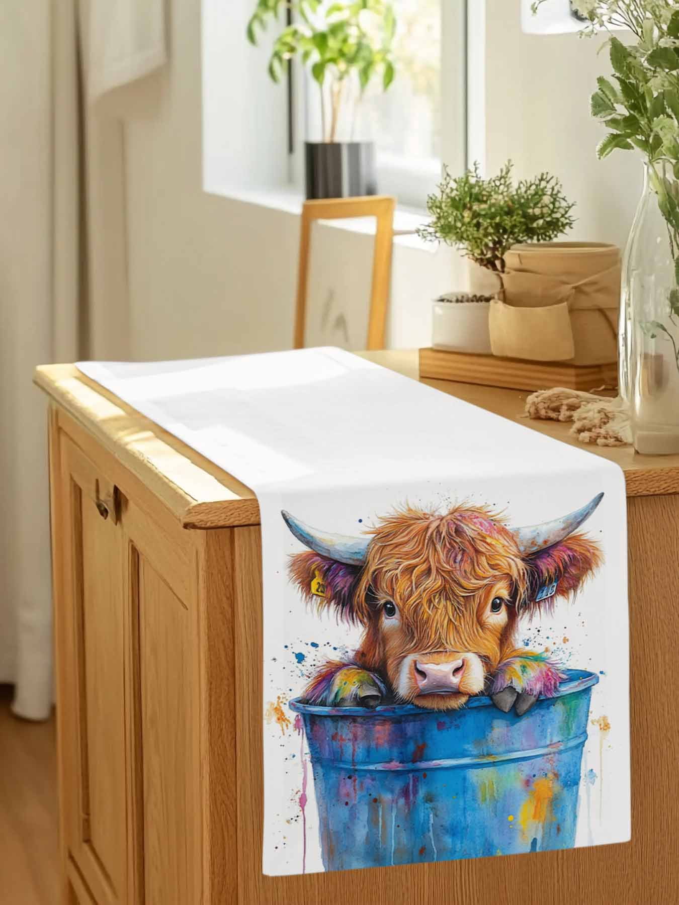 Farm Yak in Blue Bucket Table Runner 90 Inches Long, Abstract Farmhouse Animal Table Runners Tabletop Scarf Kitchen Dining Tables Decoration for Home Party Indoor Outdoor