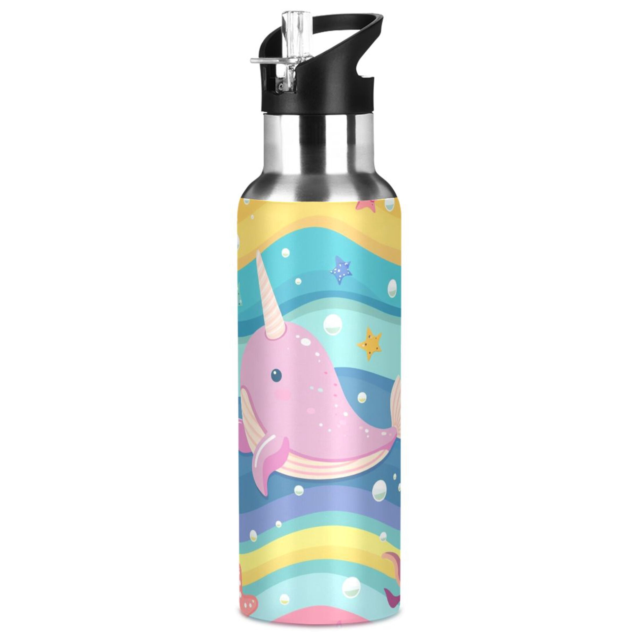 Cute Narwhal Whale Stainless Steel Water Bottle 34oz/1000ml Double Wall Vacuum Insulation Leakproof for Sports Travel
