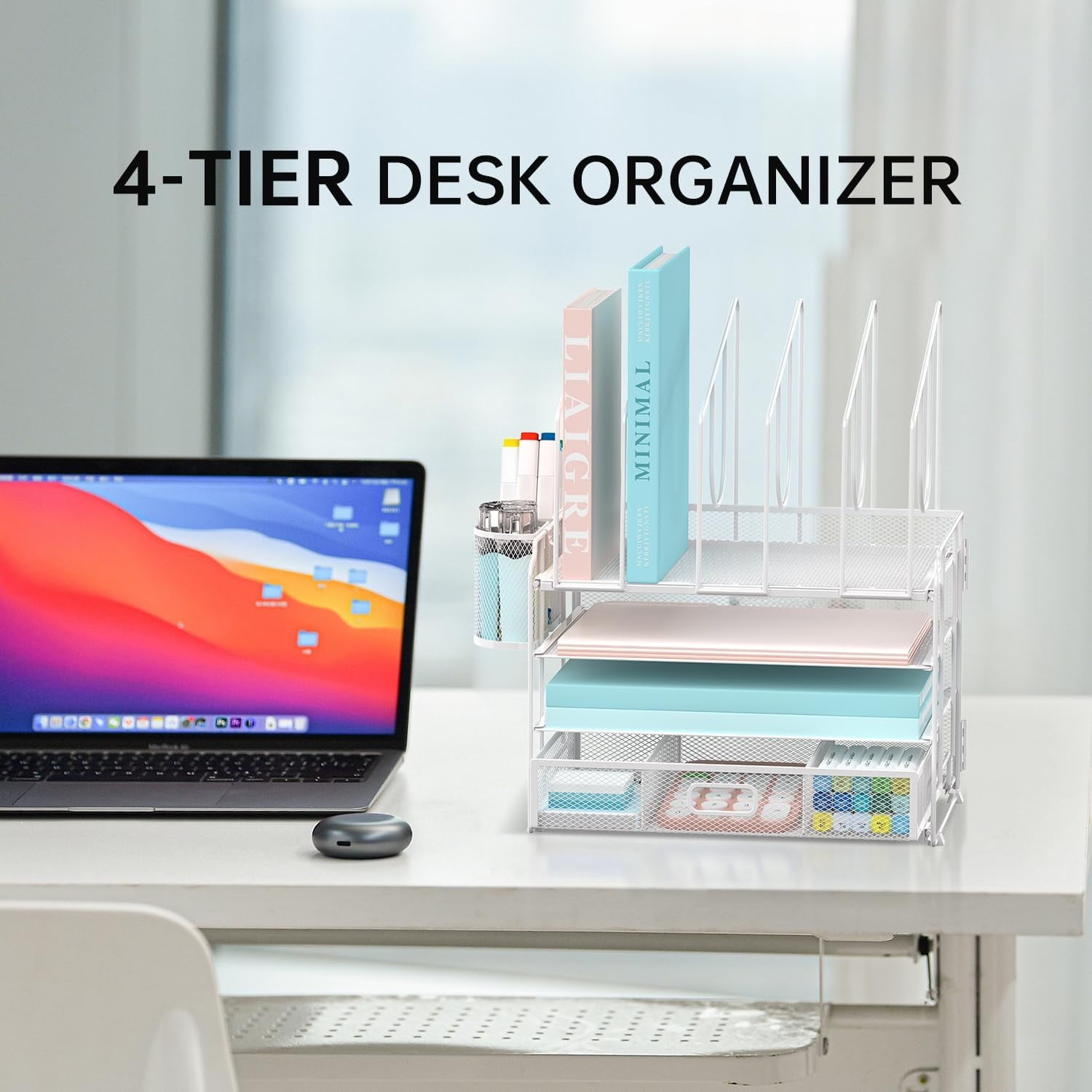 INTIGE 4-Tier Mesh Desktop Organizer with Drawer, 5 Vertical File Holders and 2 Pen Holders, White