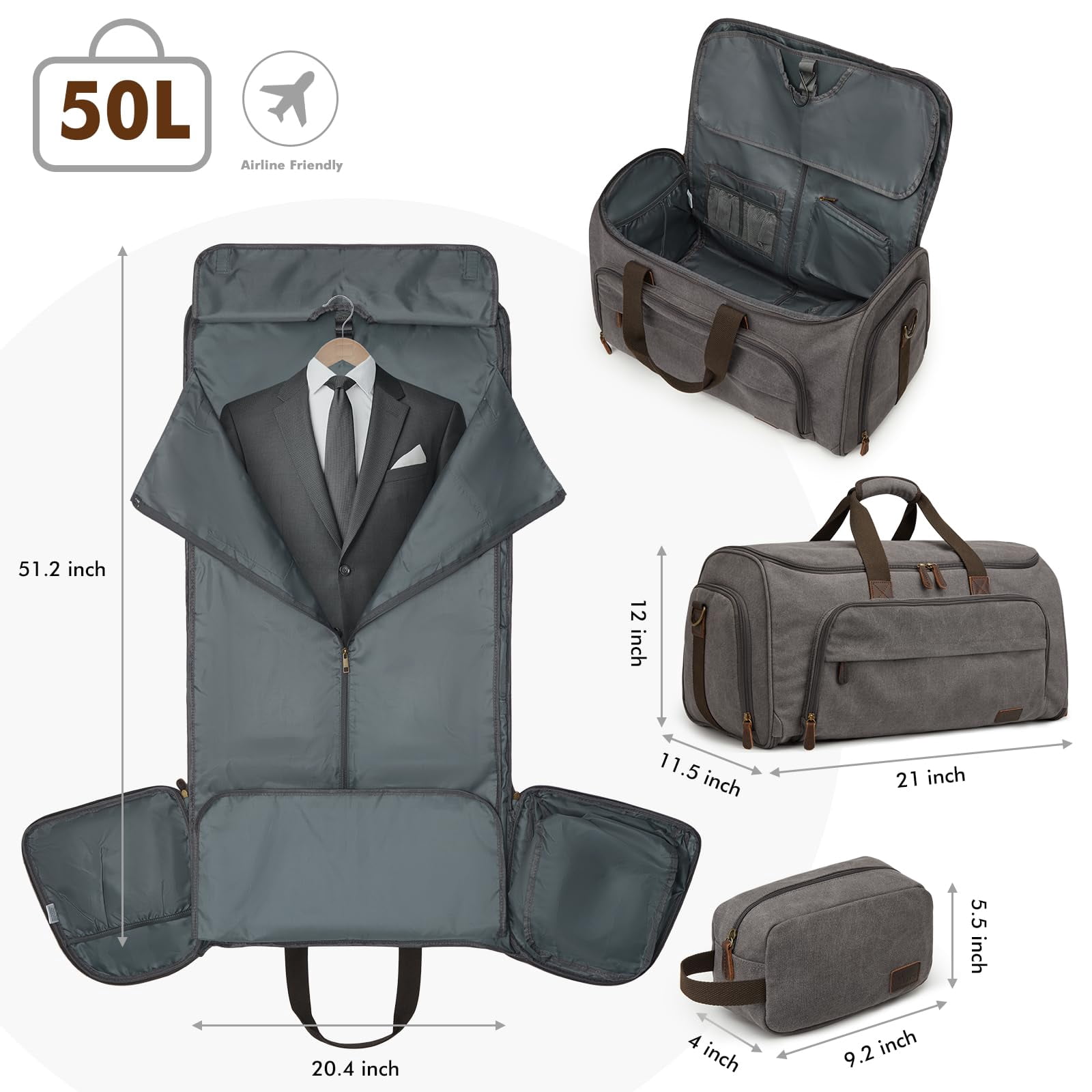 S-ZONE Carry On Garment Bag for Travel, 2 in 1 Convertible Garment Duffle Bag with Toiletry Bag, Hanging Suitcase for Men and Women, 50L