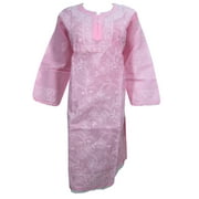 Mogul Indian Tunic Pink  Chikan Embroidered Kaftan Cotton Kurti Dress