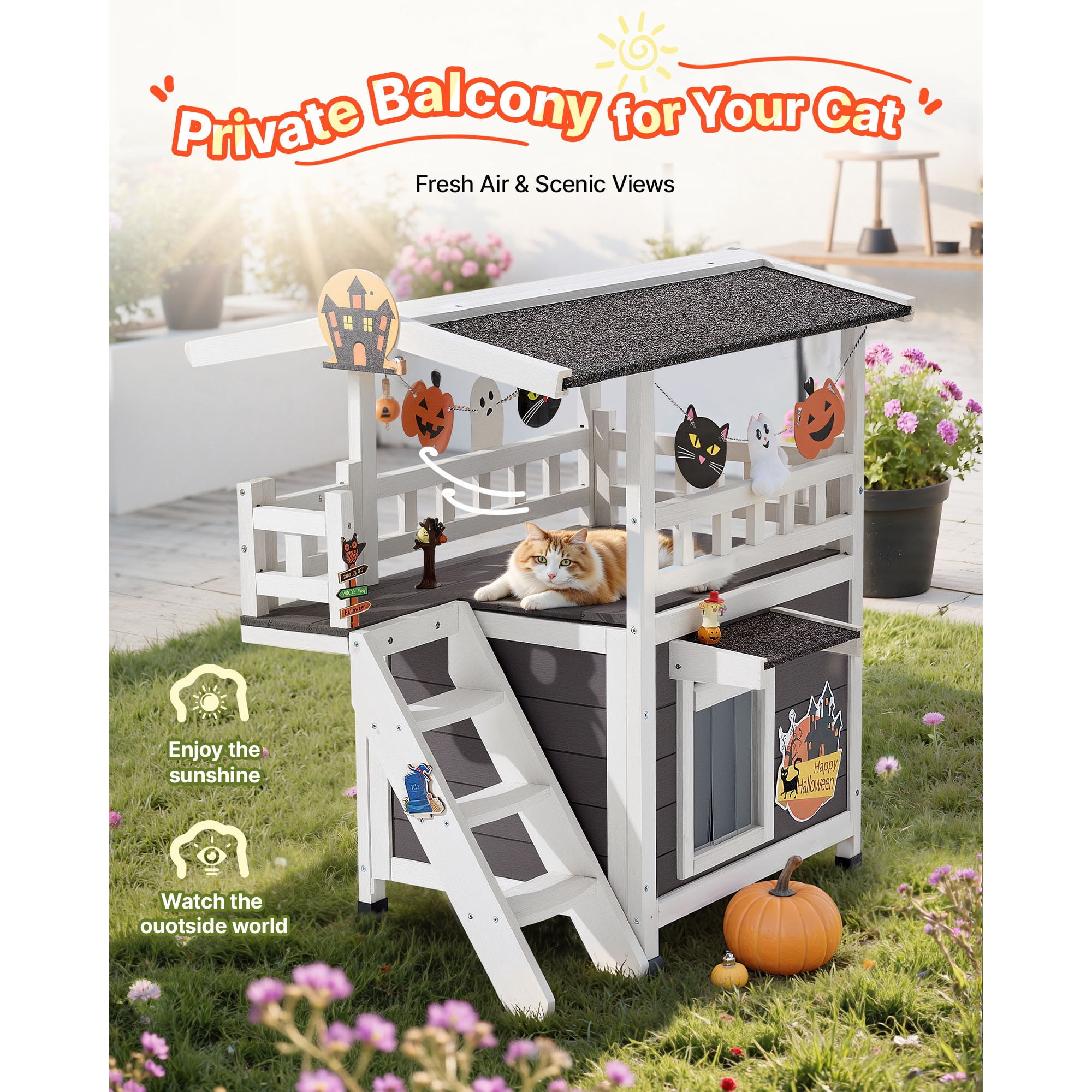 KFFKFF 2-Story Wooden Cat House with Stairs & Balcony, Elevated Shelter for Feral and Domestic Cats, Weather-Resistant Design, Spacious Interior, Suitable for Indoor and Outdoor Use, 30 x 22 x 30 in
