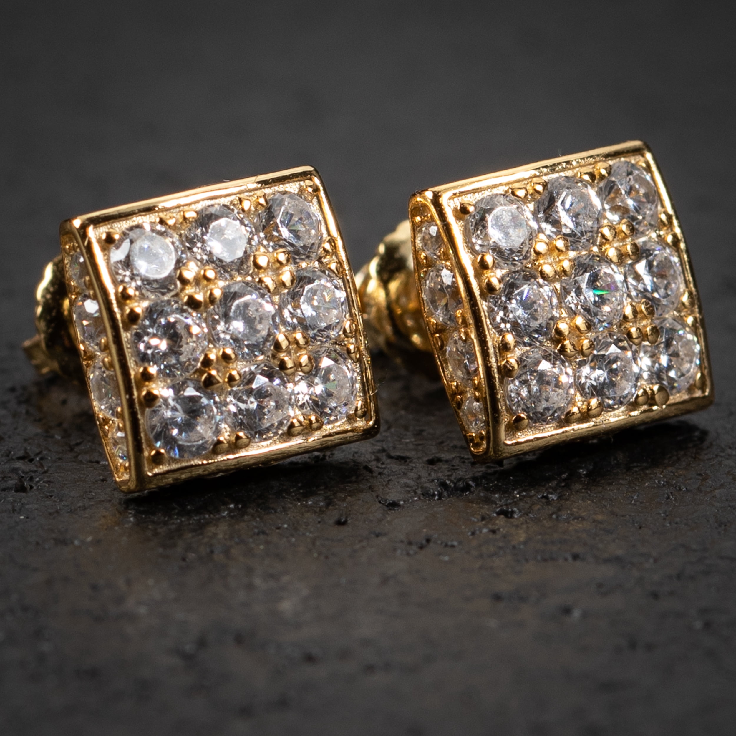 Men's Square Pointer Hip Hop Gold Plated 925 Sterling Silver Iced Screw Back Earrings