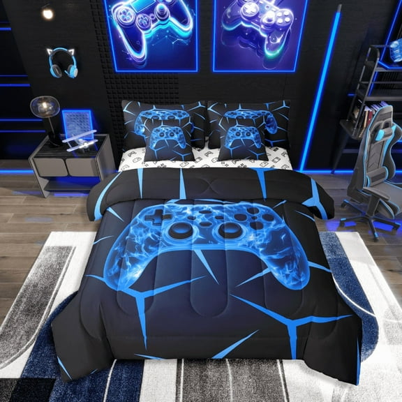 Castle Fairy Abstract Gamer 7-Piece Twin Bedding Sets,Video Game Bedding Comforter Set,3D Geometric Breathable Sheet Sets,Super Cozy Gamepads Room Decor,Reversible