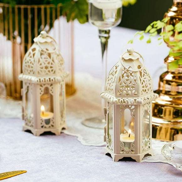 Metal Decorative Candle Lantern Morocco Tealight Candle Holder 2Pcs Black/White Small Sized Wedding Centerpieces Glass Hanging Lanterns Creative Wedding Home Table Decoration Birdcage