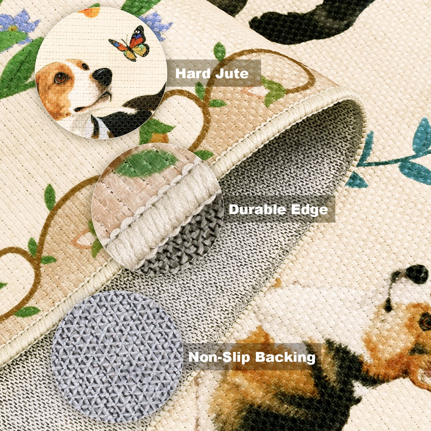 MJIAexp 2'x6' Jute Animal Dog Floral Kitchen Runner Rug,Woven Texture Machine Washable Runner Rug Non-Slip Rubberback Hallway Runner Laundry Rug Throw Carpet for Living Room Bedroom Dining Room Entry