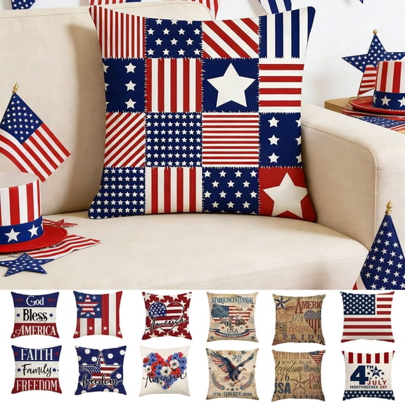 Beautynvta 4th of July Pillow Covers, 18x18 Inch, American Flag Stars Stripes Patriotic Throw Cushion Case for Independence Day, Memorial Day, 250th Anniversary Decor