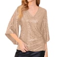 thumbnail image 2 of JGNGSHN Womens Sparkly Sequin Tops Dressy 3/4 Sleeve V Neck Wrap Shimmer Glitter Blouse for Evening Party Club Cocktail Beige M, 2 of 7