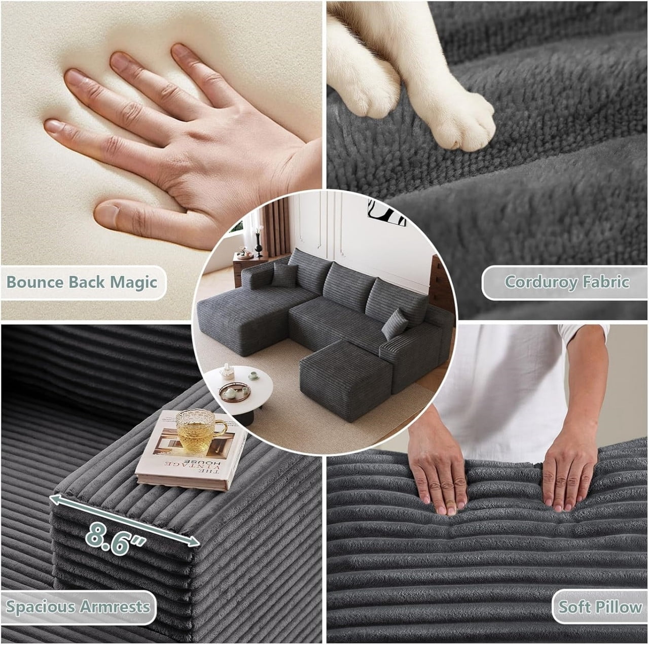 94'' Comfy U-Shaped Sectional Modern Corduroy Couch with Chaise ‌and Ottoman‌, Upholstered Modular Cloud Sofa for Living Room, Left Facing Chaise
