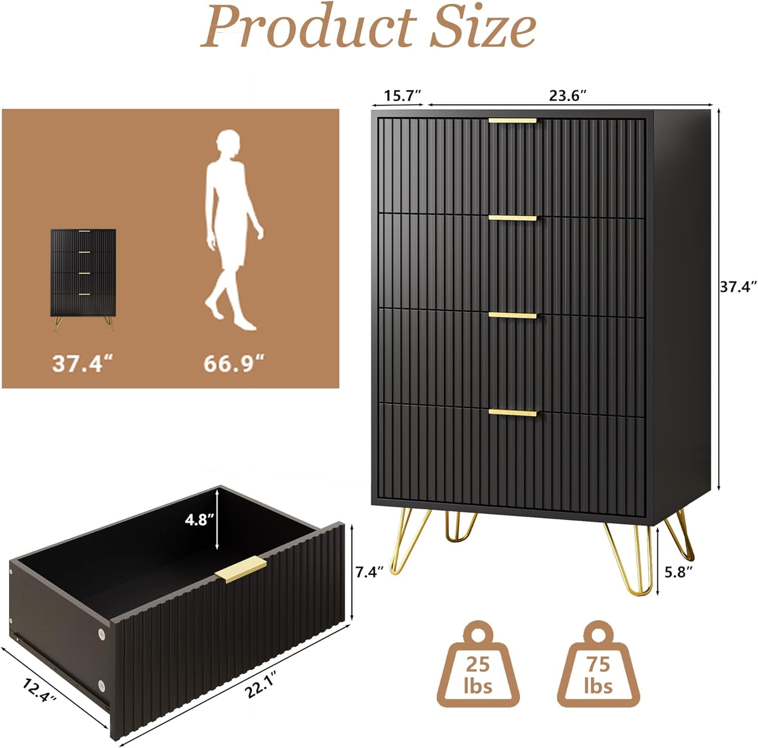 FURNIWAY Black 4 Drawer Dresser with Gold Handles, Fluted Wood Chest Nightstand for Bedroom, Living Room, Entryway