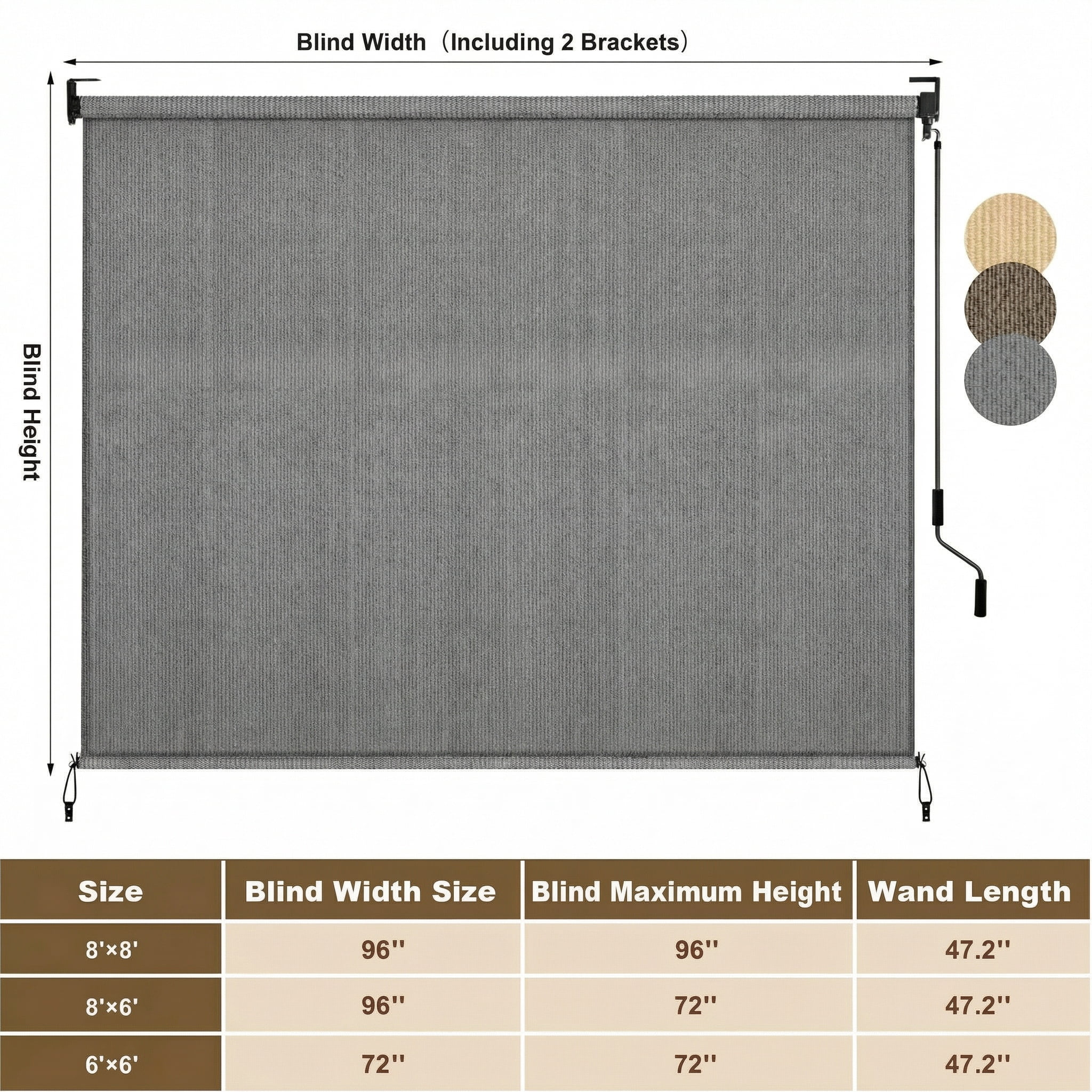 LIFERUN Outdoor Roller Sun Shade 8'W x 8'H, HDPE Shade Cloth & Aluminum Tube, Easy Install for Outdoor Pergola, Porch, and Garden (Gray)
