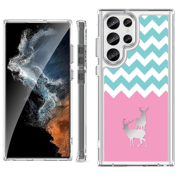 Shockproof Bumper Phone Case for Samsung Galaxy S23 Ultra 5G, by OneToughShield ® - Chevron/Teal/Deer