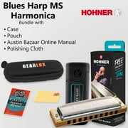 Hohner 532 Blues Harp MS Harmonica - Key of C Bundle with Case, Pouch, Austin Bazaar Online Manual, and Polishing Cloth