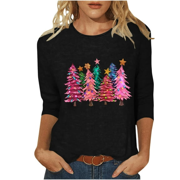 LbsKUS Clearance Sale,Cute Christmas Tree Shirts Womens Funny Xmas Gifts Tops 2024 Dressy Casual Crewneck Holiday T Shirts Loose Fit Three Quarter Length Sleeve Blouse(Black,M)