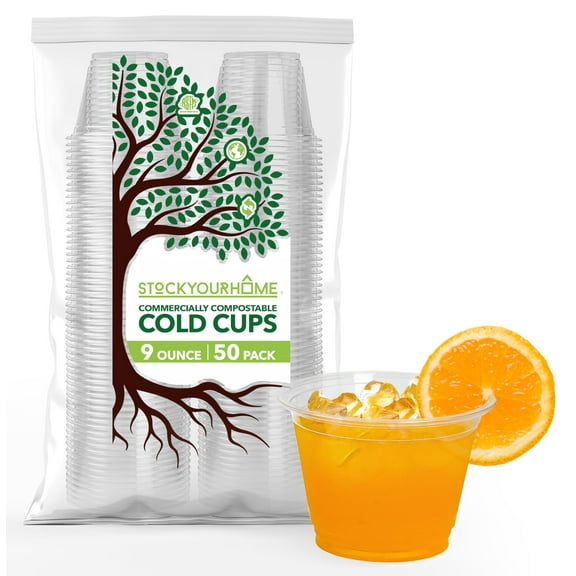 Stock Your Home 9 oz Commercially Compostable Cold Cups (50 Pack), Eco Party Cup, Environmentally Friendly Recyclable Disposable Sustainable for Water, Wine, Beer Sample
