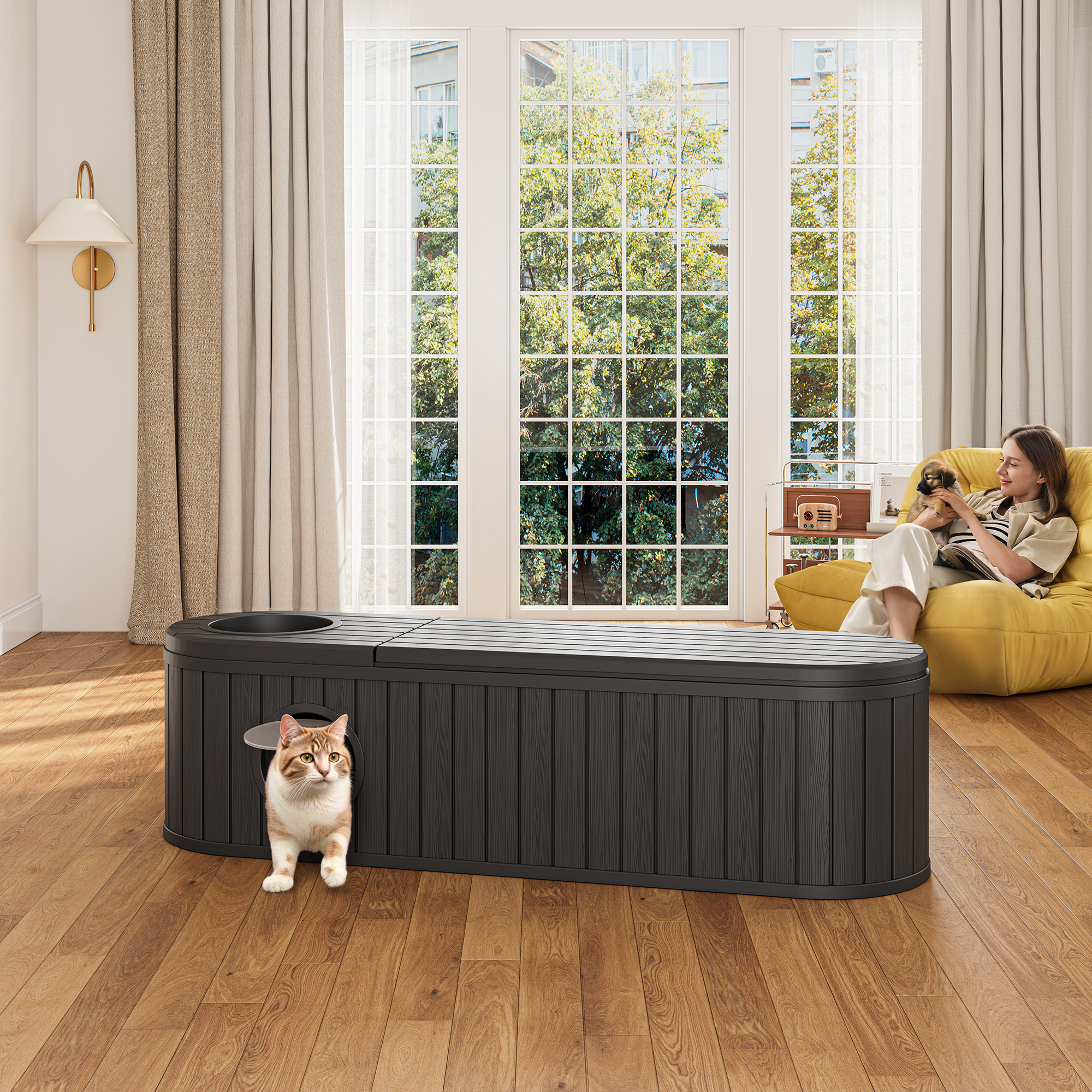 Bifanuo Cat Litter Box Enclosure,Hidden Litter Box Furniture with Round Lift-Up Door, Multi-Functional Cat Cabinet for Living Room and Bedroom,Black