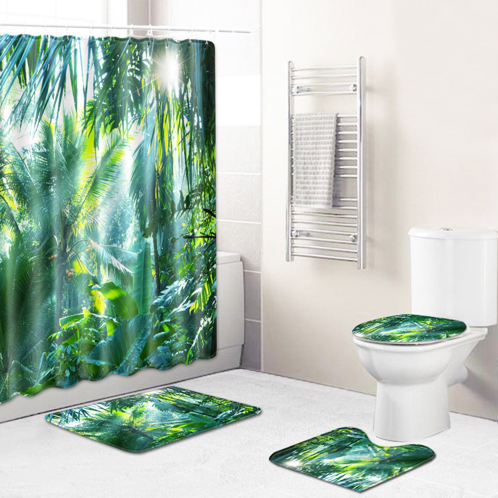 Shower Curtain Suits Bath Mat Toilet Cover 4pcs Bathroom Suit Non-Slip Rug 