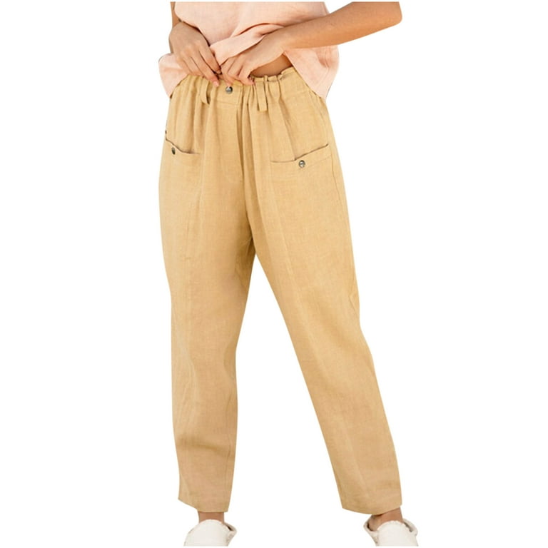 Lounge Pants for Women Cotton Linen Elastic Waisted Summer Casual Baggy  Solid Color Slacks Trousers with Pockets (3X-Large, Yellow)