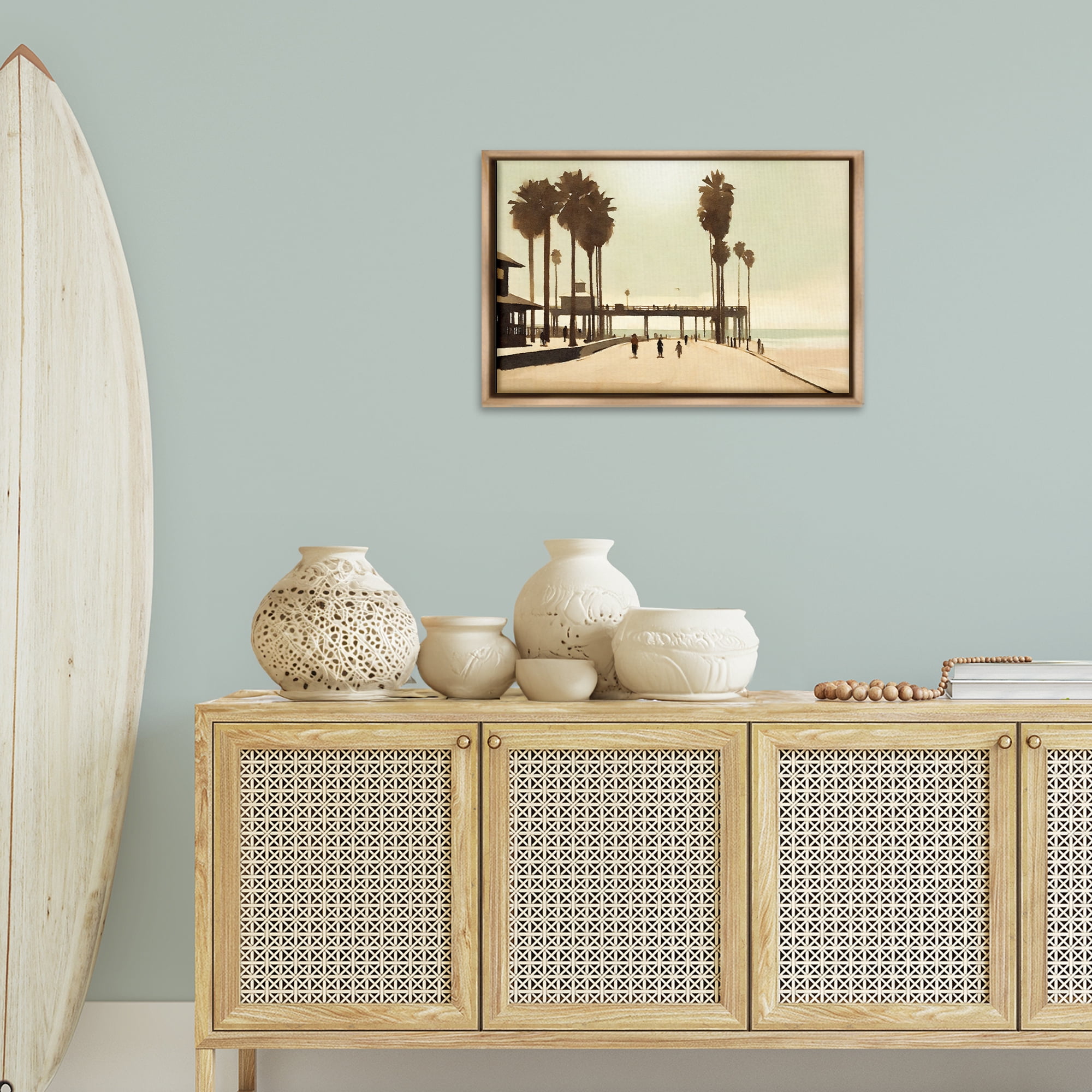 Stupell Industries Tropical Beach Walkway Landscape & Nature Painting Brown Floater Framed Canvas Art Print Wall Art, 25 x 17
