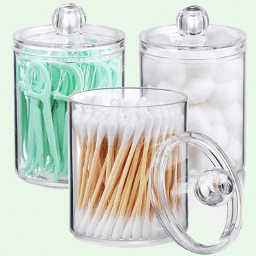 3 Pack Qtip Holder Dispenser, 10oz Clear Plastic Apothecary Jars for Bathroom Storage and Makeup Organization