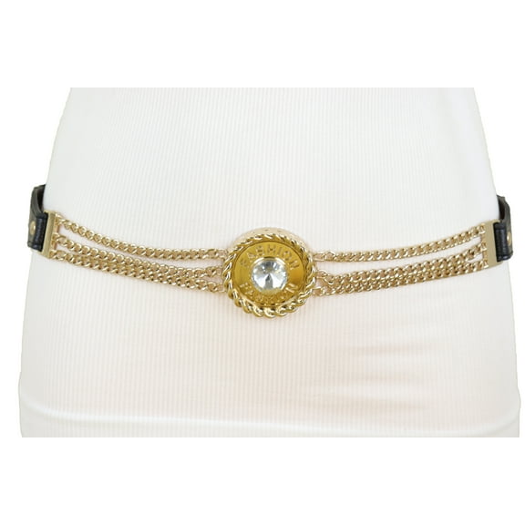 Women Black Elastic Belt Gold Metal Chain Fashion Bling Charm S M