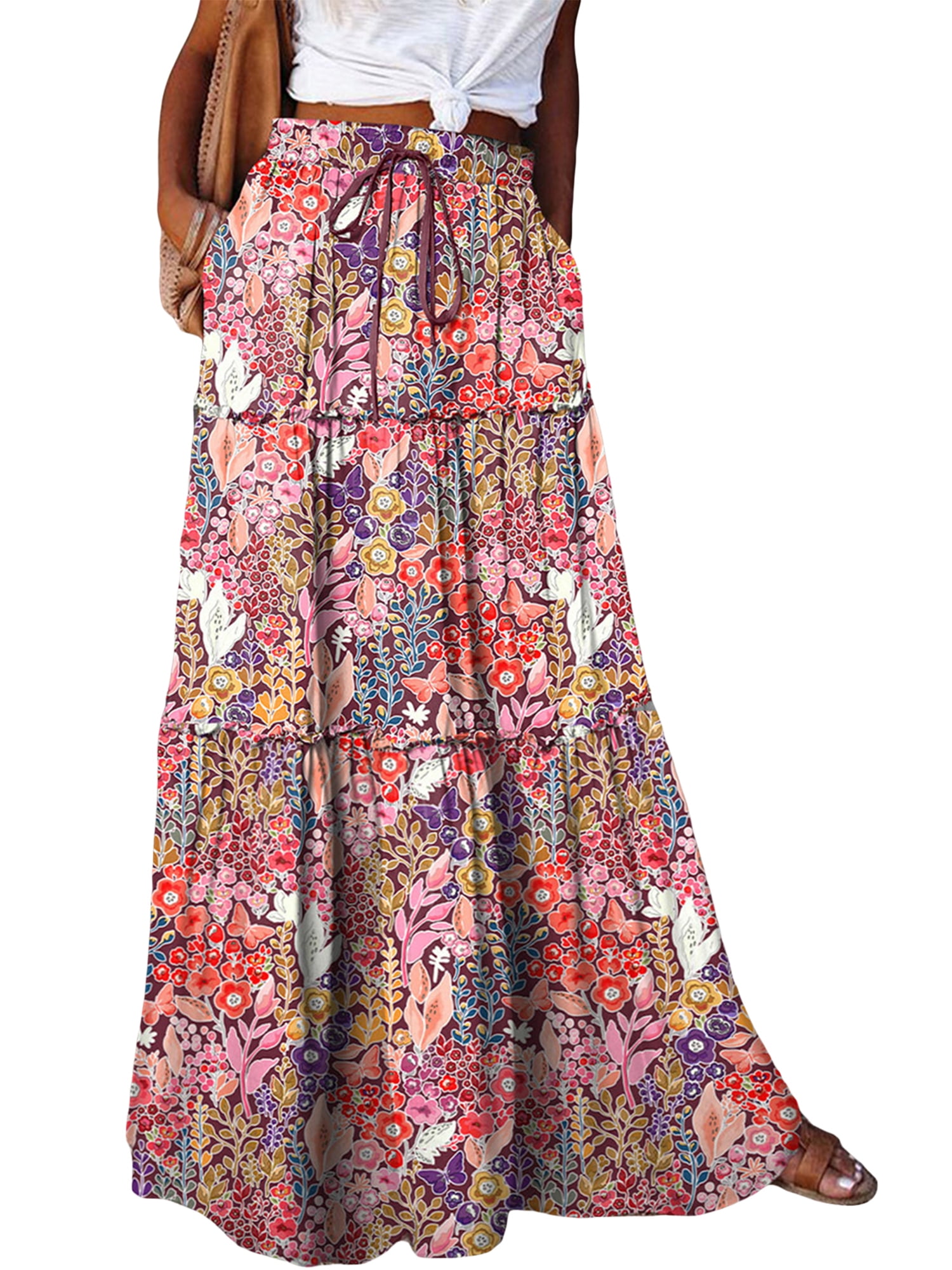 Jupe Longue Bohème Femme à Volants - Taille Haute Élastique - Avec Poches - Style Décontracté Trapèze - 2