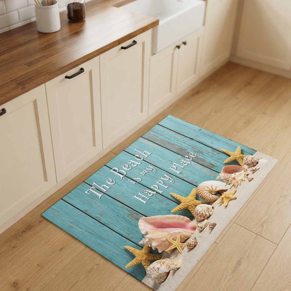 2x3ft Rectangle Rug,Ocean Coastal Seashell Starfish Washable Area Rugs Non-Slip Accent Rug Sandy Beach Teal Wood Plank Soft Circle Carpet for Living Room Bedroom Home Office Decor