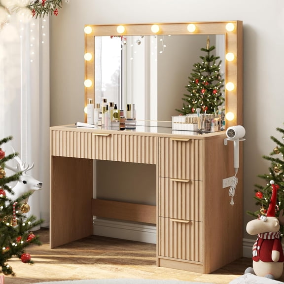 36" Makeup Vanity Desk with Large Mirror & LED Lights, Fluted Vanity with 4 Drawers, Tempered Glass Top & Charging Station, Modern Dressing Table for Bedroom, Dorm, Women & Girls, Natural Oak