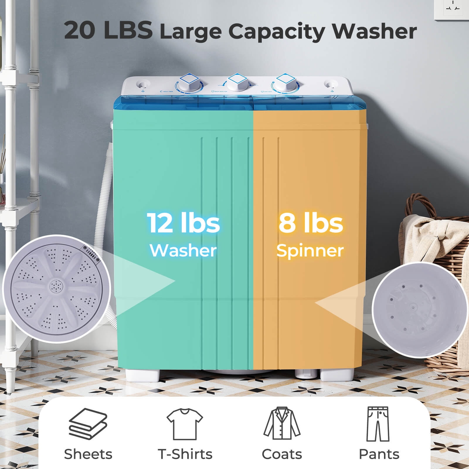 Costway Compact Mini Portable Twin Tub Washing Machine 20 Lbs Washer Spinner Blue