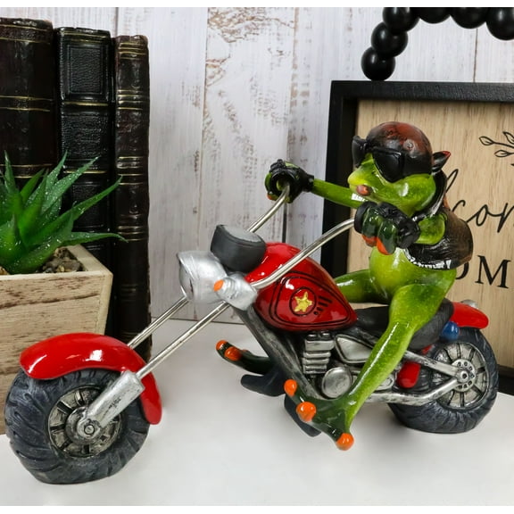 8.5"L Born To Ride Biker Frog Smoking Cigar On Red Chopper Motorcycle Statue