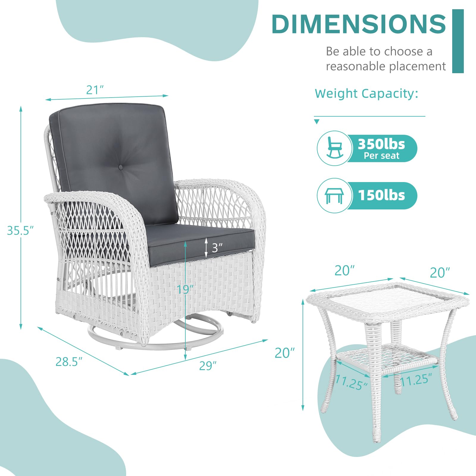 MEETWARM 3 Pieces Outdoor Wicker Swivel Rocker Patio Set, Rocking Chairs Rattan Patio Furniture Sets with Thickened Cushion and Glass-Top Coffee Table, Conversation Bistro Set, White Wicker/Grey