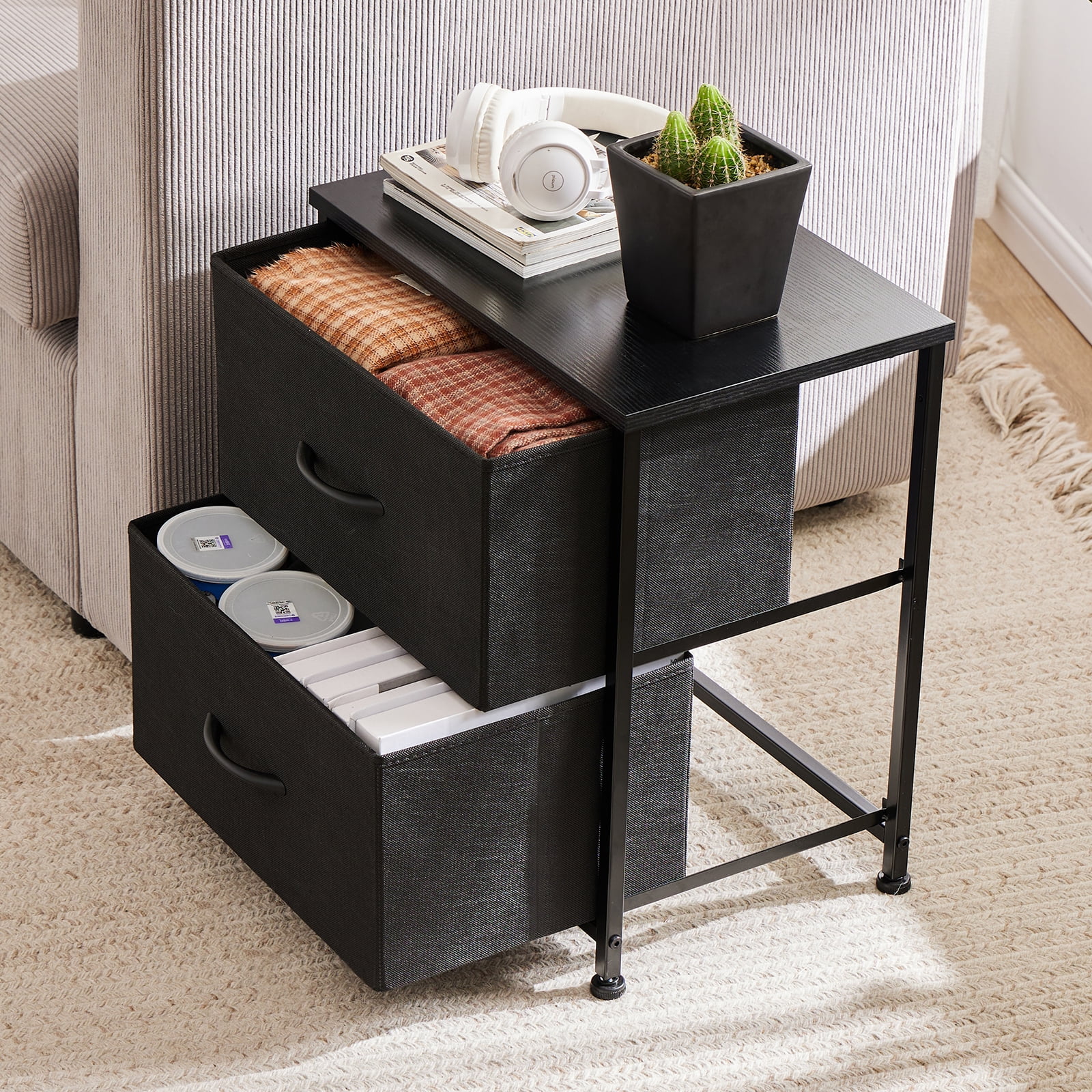 MCQ Set of 2 Nightstand, 2-Drawer Fabric Storage Dresser for Bedroom, Bedside Table, Storage Furniture for Adults, Black