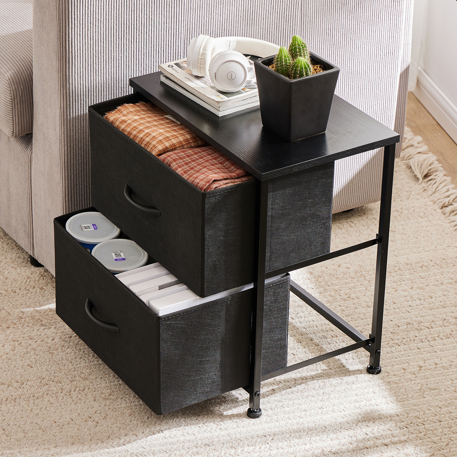 edx Nightstand with 2 Fabric Drawers, Black (Set of 2) photo 6
