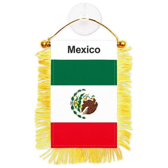 G128 Mexico Mexican Fringy Flag | Fringy Hanging Double Sided Flag with Suction Cup, Window and Car Rearview Mirror Decor