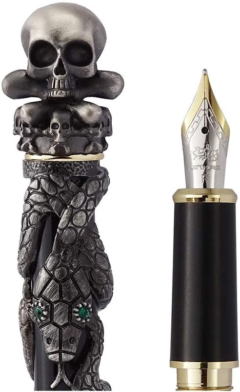 Jinhao Black Skull Head Fountain Pen With Snake Barrel - Solid Metal Fine Nib Pen, Includes Converter For Bottled Ink