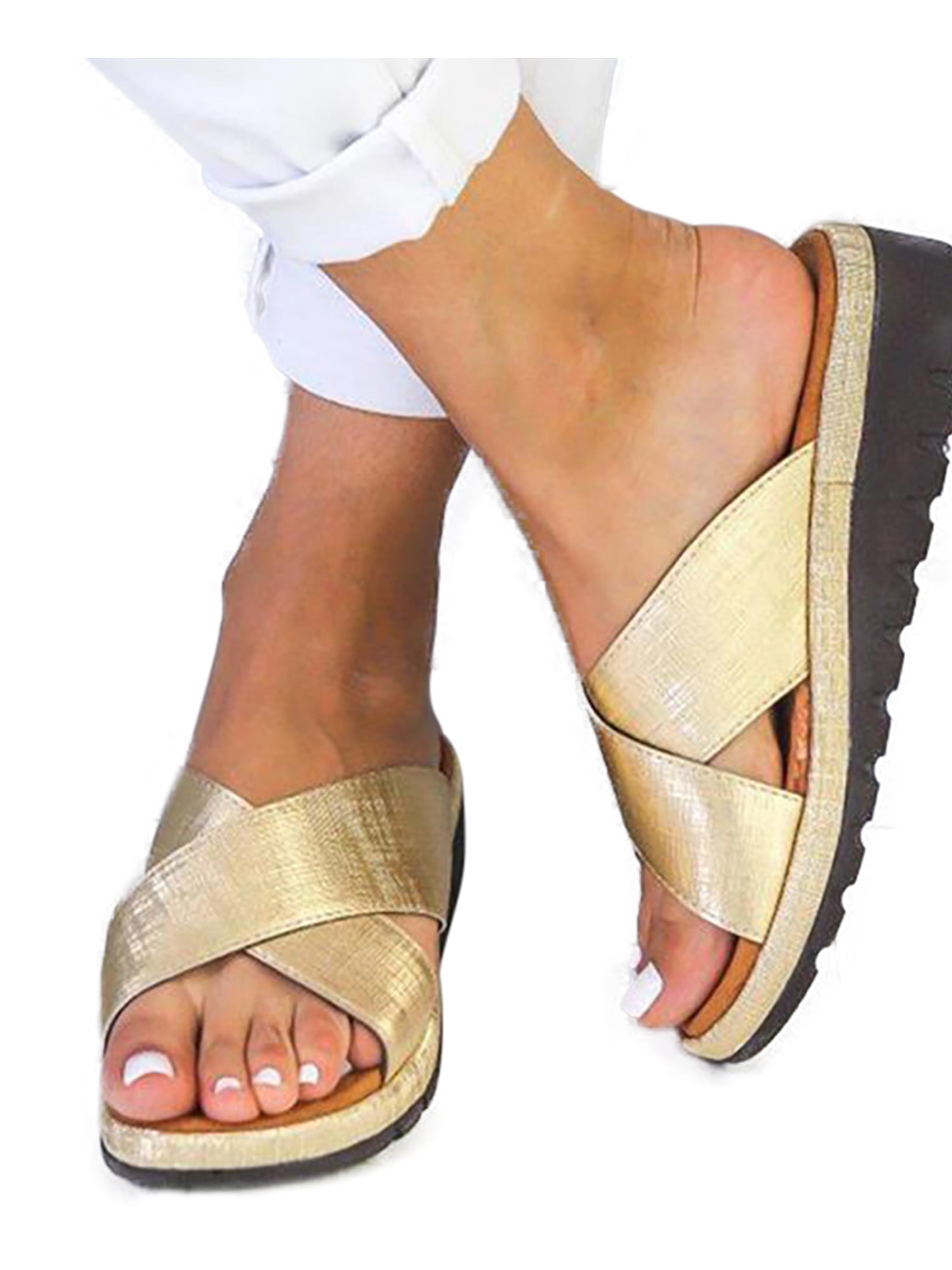 Aniywn Womens Round Toe Flat Heels Buckle Cut-Out Sandal Ladies t-Strap Casual Slip On Platform Walking Shoes 