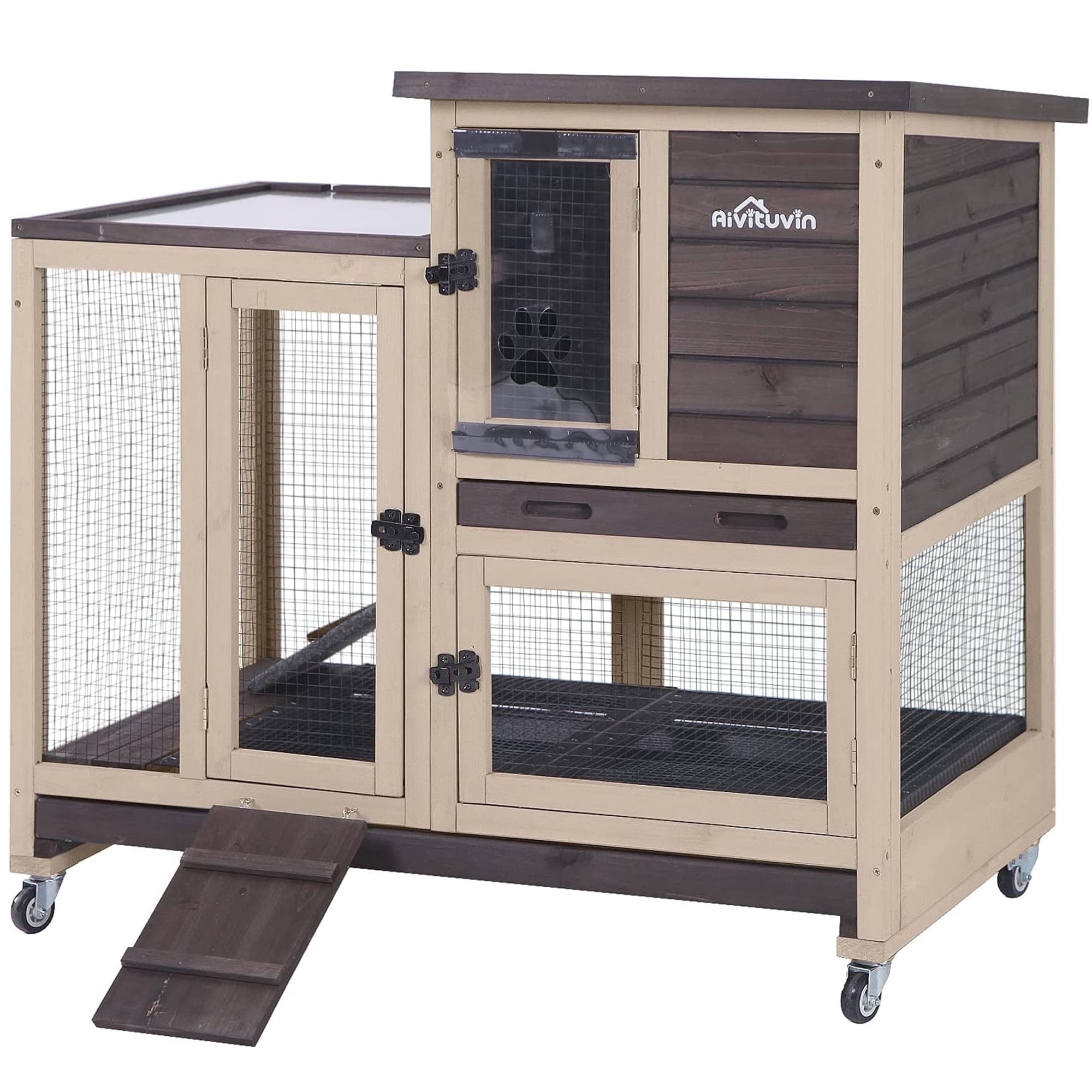 Aivituvin Wooden Rabbit Hutch with Two Slide Tray Outdoor Bunny Cage Indoor Guinea Pig Habitat - Coffee