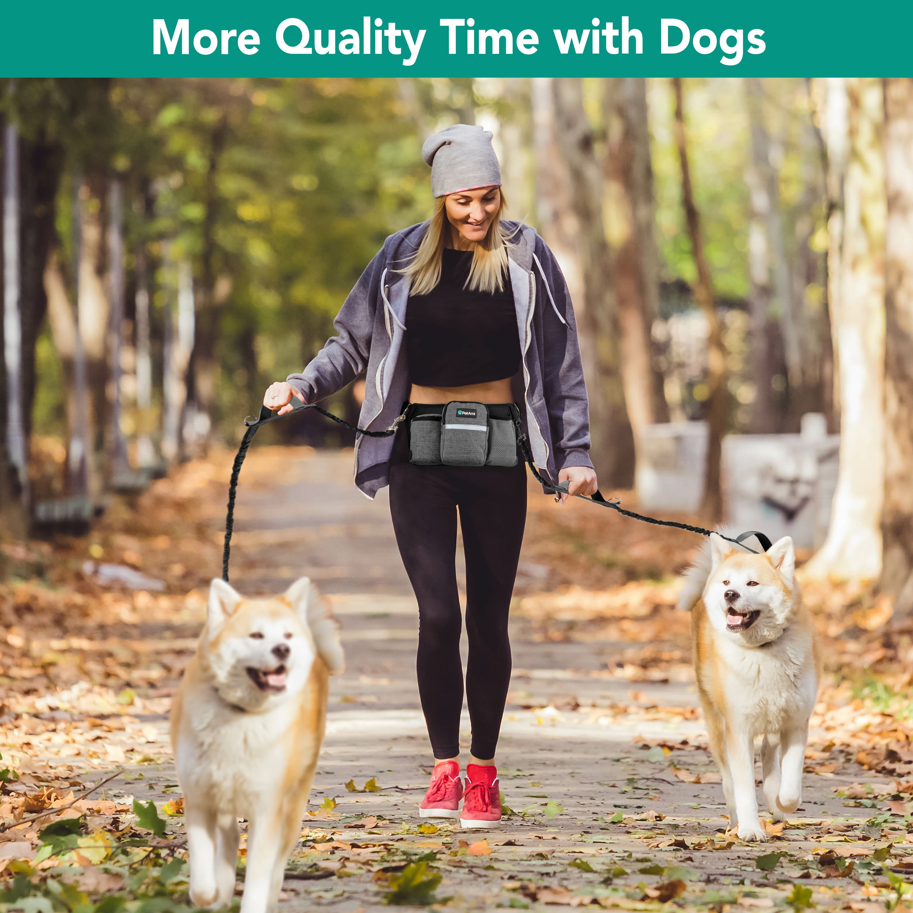 PetAmi Premium Hands Free Dog Leash for 2 Dogs, Adjustable Waist Belt Leash for Dog Walking, Fanny Pack Accessories Bag Dual Bungee Leash for Running, Hiking, Jogging, Biking, Charcoal Grey