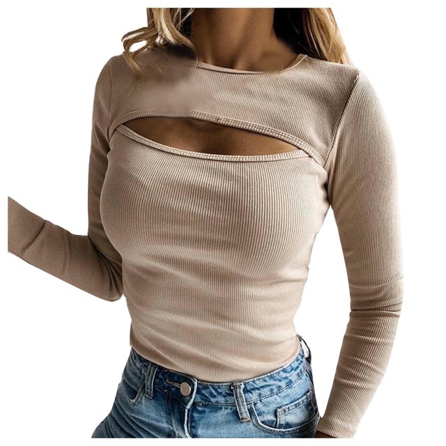 Birdeem Chemise Simple Côtelée à Manches Longues pour Femmes avec Découpe au Buste, Mode Aguichant, Effet Poitrine