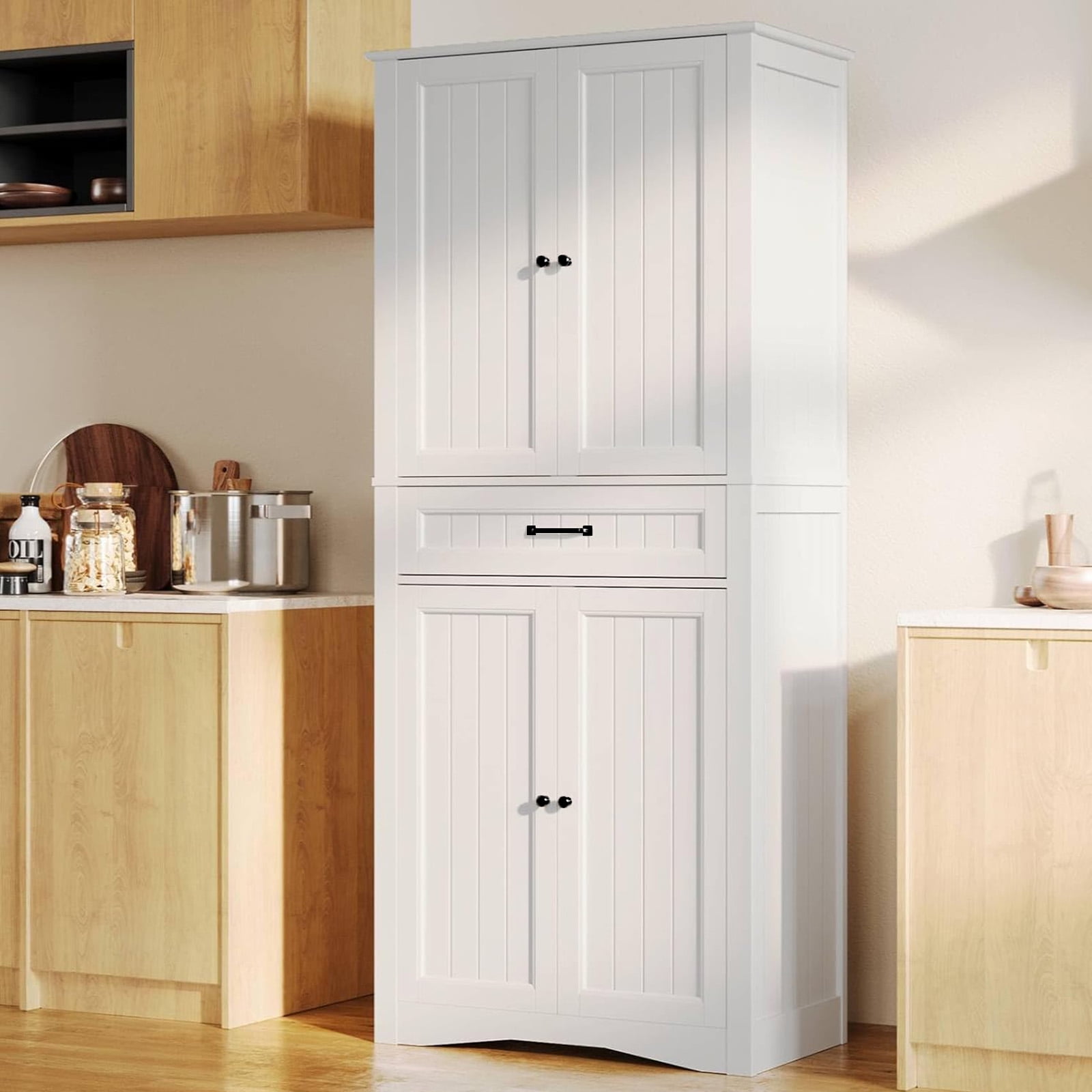 Aiho 71" Kitchen PantryStorage Cabinet with 4 Doors and 4 Adjustable Shelves, White