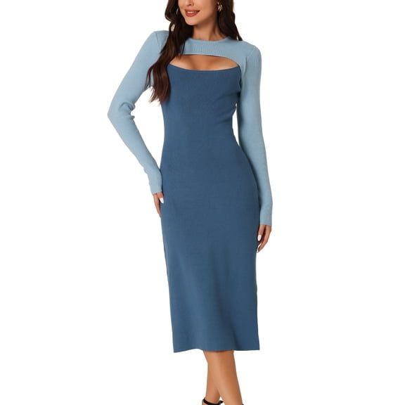 INSPIRE CHIC Women's Long Sleeve Cut Out Midi Dress Crew Neck Color Block Knitted Sweater Dresses S Blue-Dark