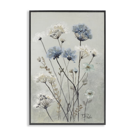 Stupell Industries Muted Blue & White Dandelions Floral Painting Black Framed Art Print Wall Art, 12 x 18