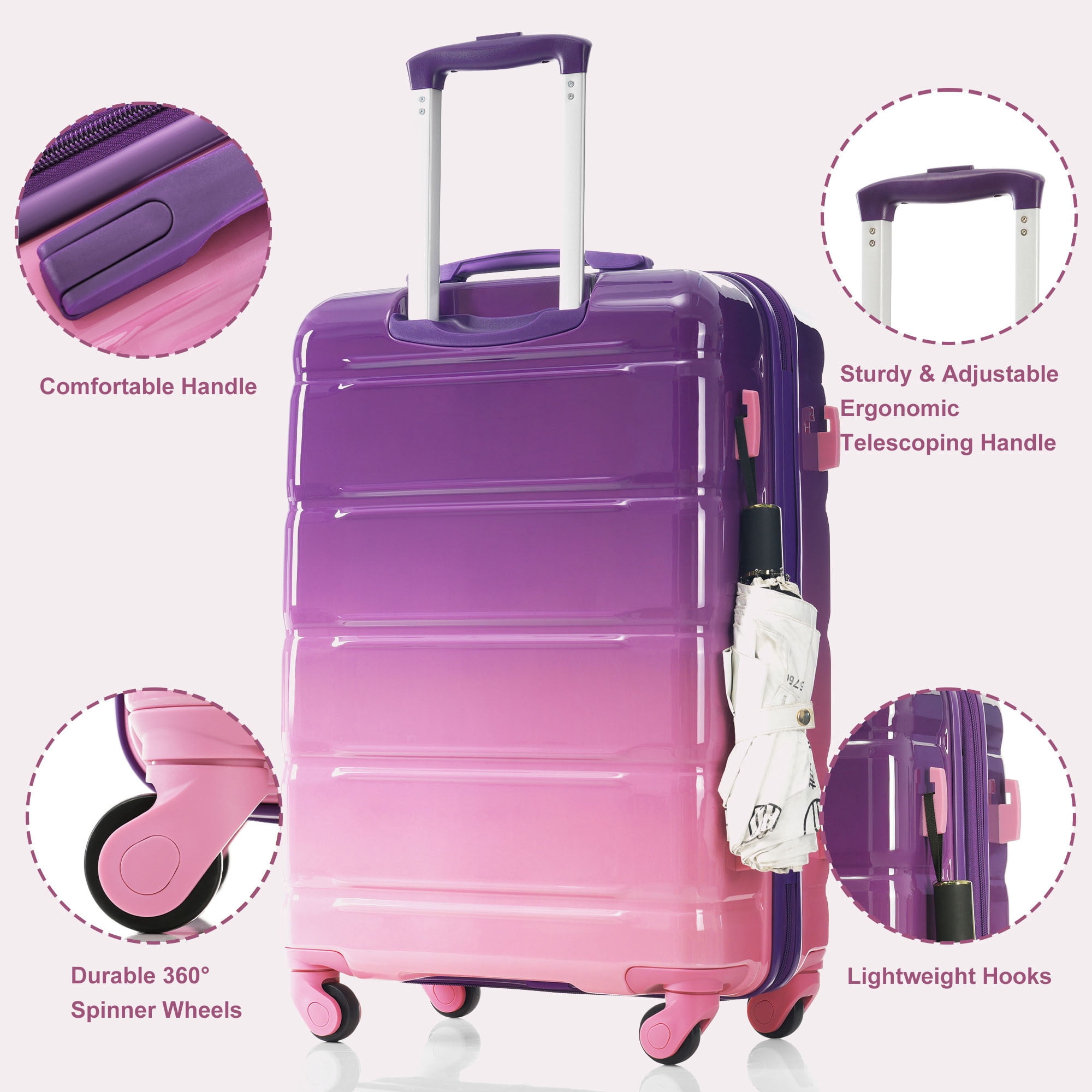 Euroco 5 Piece Luggage Sets, 20" Carry-on Suitcase with USB Port ,Cup Holder and 2 Travel Bags,Hardside Lightweight Durable Suitcase Set with TSA Lock and Spinner Wheels(20"/24"/28"),Purple