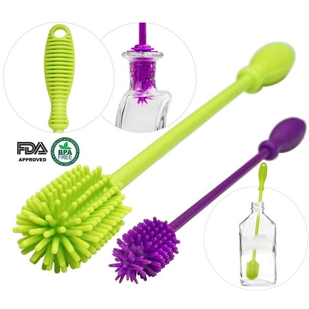 A-BRUSH 2 pcs set Silicone Bottle Brushes BPA Free - Bottle Washer FDA Approved - Long Handle Antibacterial Baby Bottle & Nipple Brush Ideal for Glass & Plastic Water Bottles (Green / Purple Set of