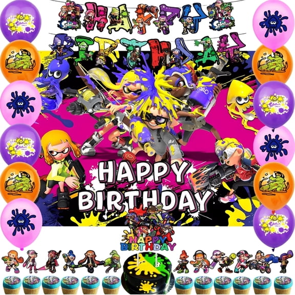Splatoon Theme Cartoon style Birthday Decoration Kits，Party Supplies Including Banner, Balloons, Cake Toppers, Cupcake Toppers，Background Flag.