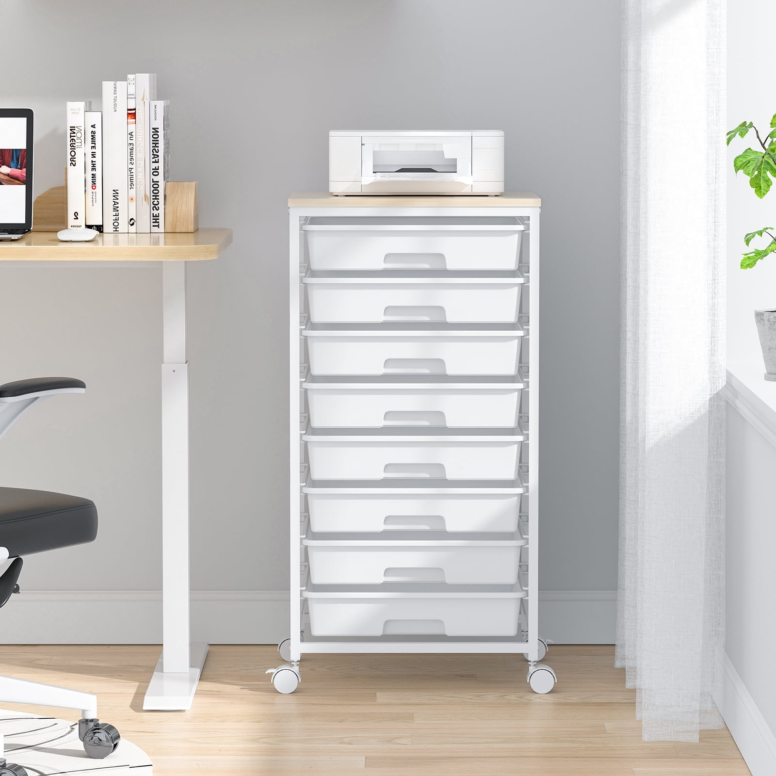 KK KINGRACK Storage Rolling Drawer Cart, Drawer Organizer with 8 Drawers and Wooden Tabletop, Metal & Plastic, White