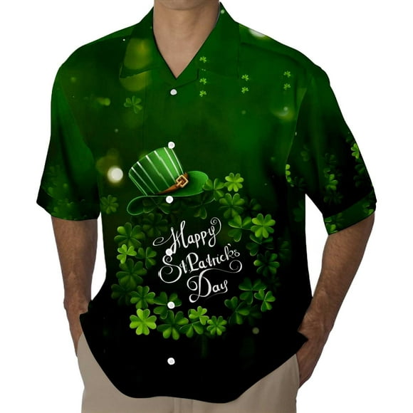 PMUYBHF Male St Patricks Day Mens Baseball Tee Mens St. Day Shirt Festive Gold Print Green Lapel Short Sleeve Shirt L