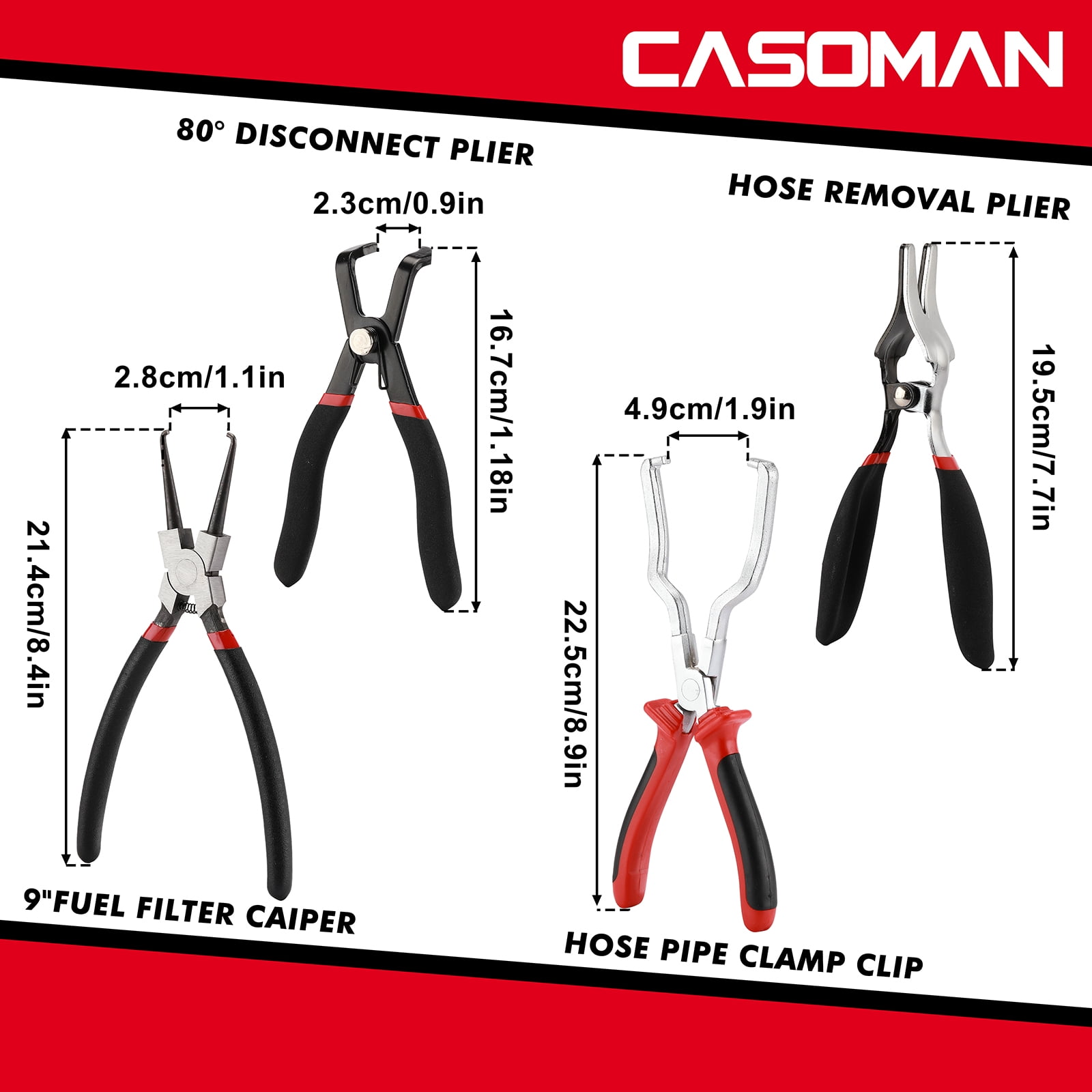 CASOMAN PRO 4PCS Fuel Line Pliers Set, Hose Remover Pliers, 9 Inch Fuel Filter Caliper, Hose Pipe Clamp Clip, 80 Degree Disconnect Pliers Set for Auto Maintenance